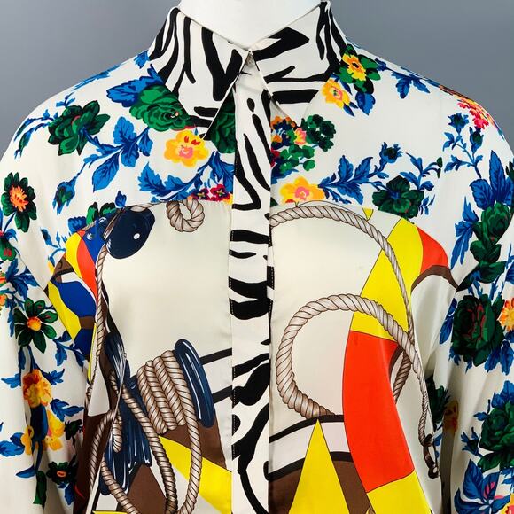 XL White Multi Color Polyester Viscose Floral Nautical Stripe Button Up Shirt - Picture 2 of 10